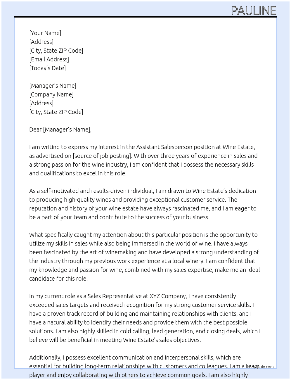 Assistant saleperson At Wine estate Cover Letter