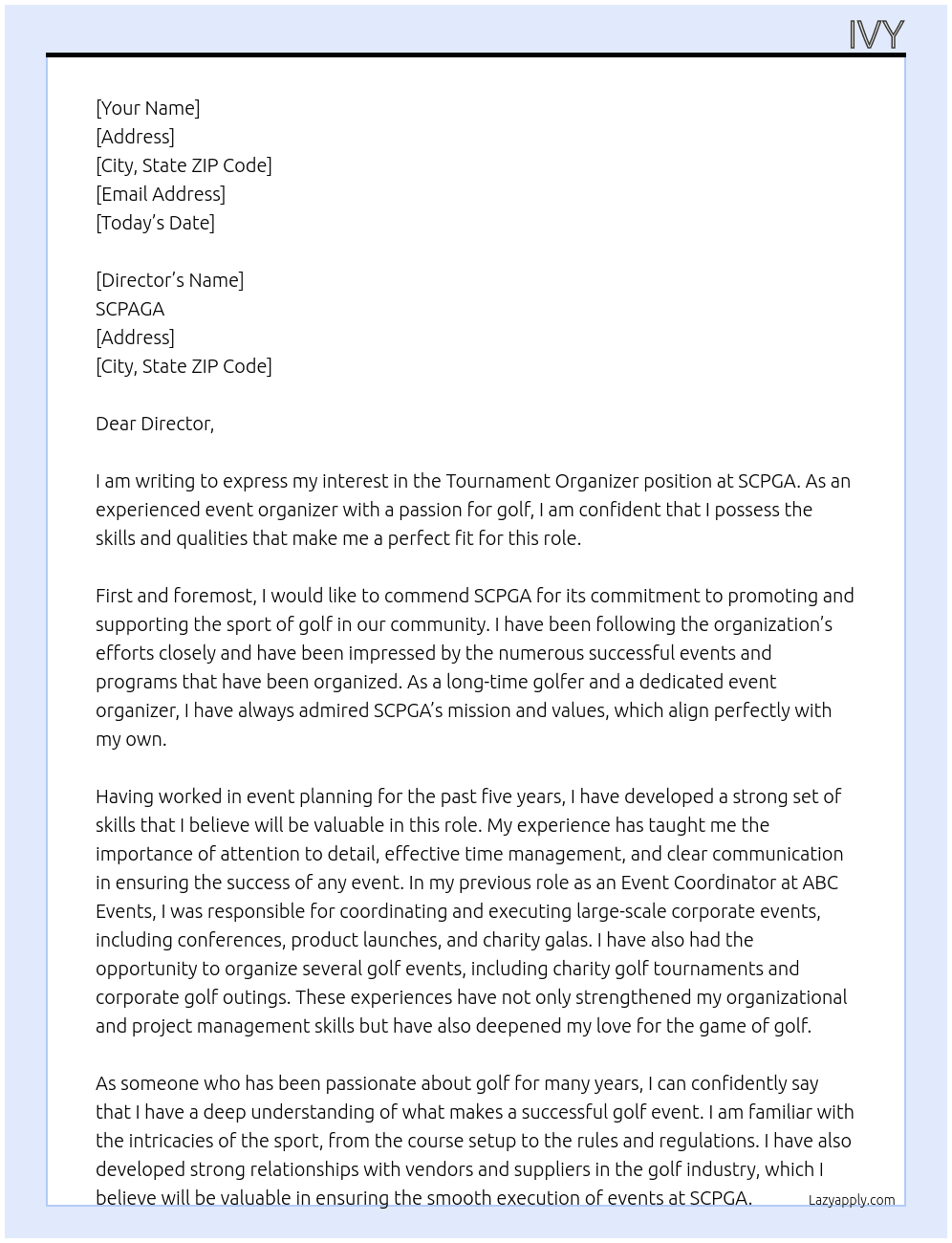 tournament organizer At SCPGA Cover Letter