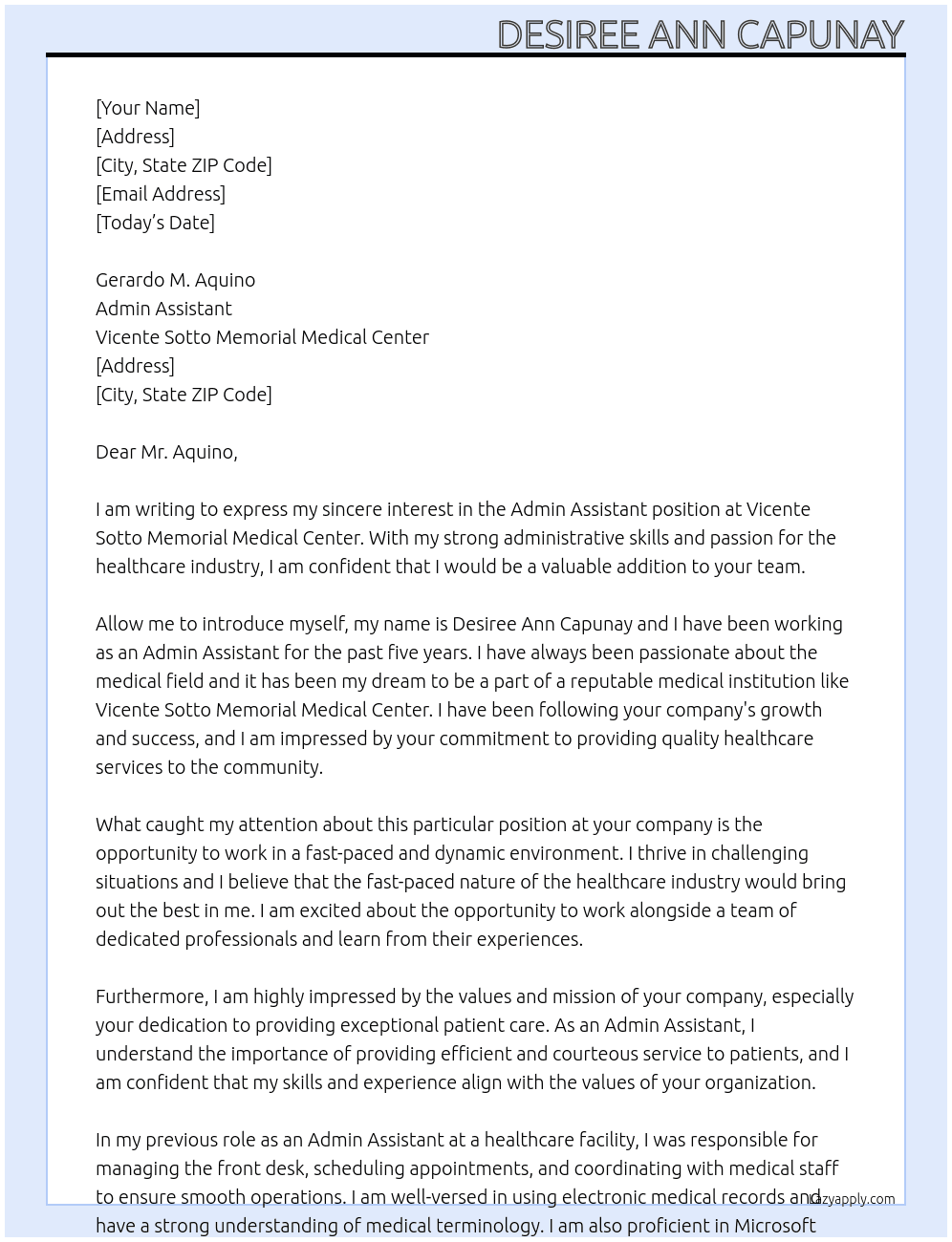 Admin Assistant At Vicente Sotto Memorial Medical Center Cover Letter