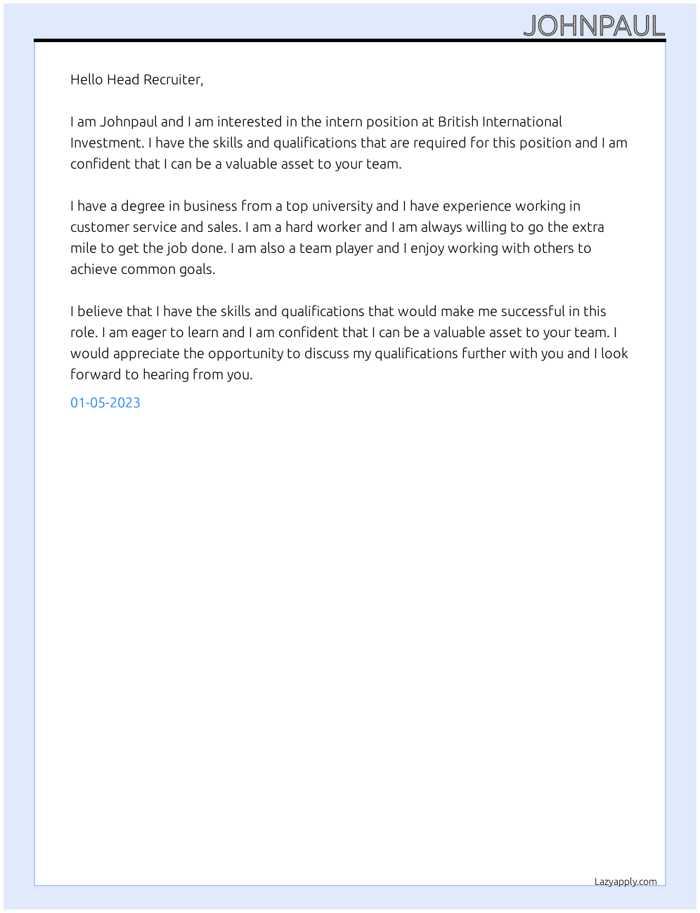 intern At British International Investment Cover Letter