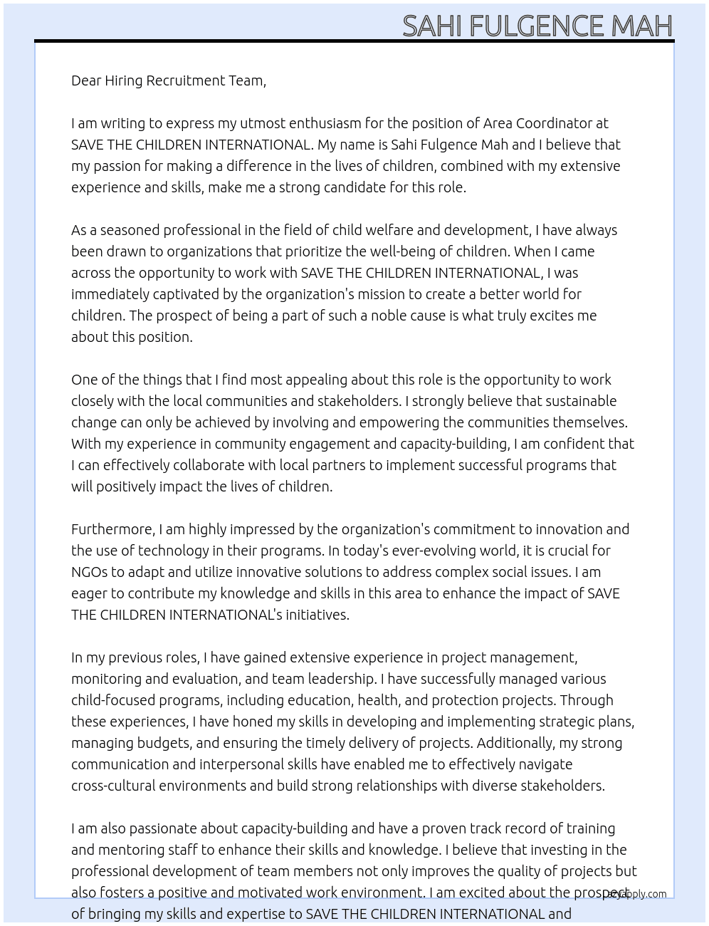 Area Coordinator At SAVE THE CHILDREN INTERNATIONAL Cover Letter