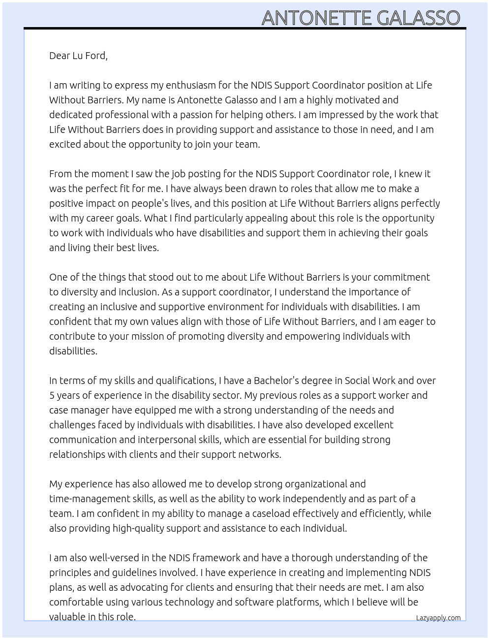 NDIS support Coordinator At Life Without Barriers Cover Letter