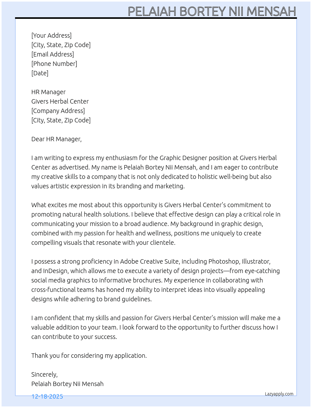 Graphic Designer At Givers Herbal Center Cover Letter