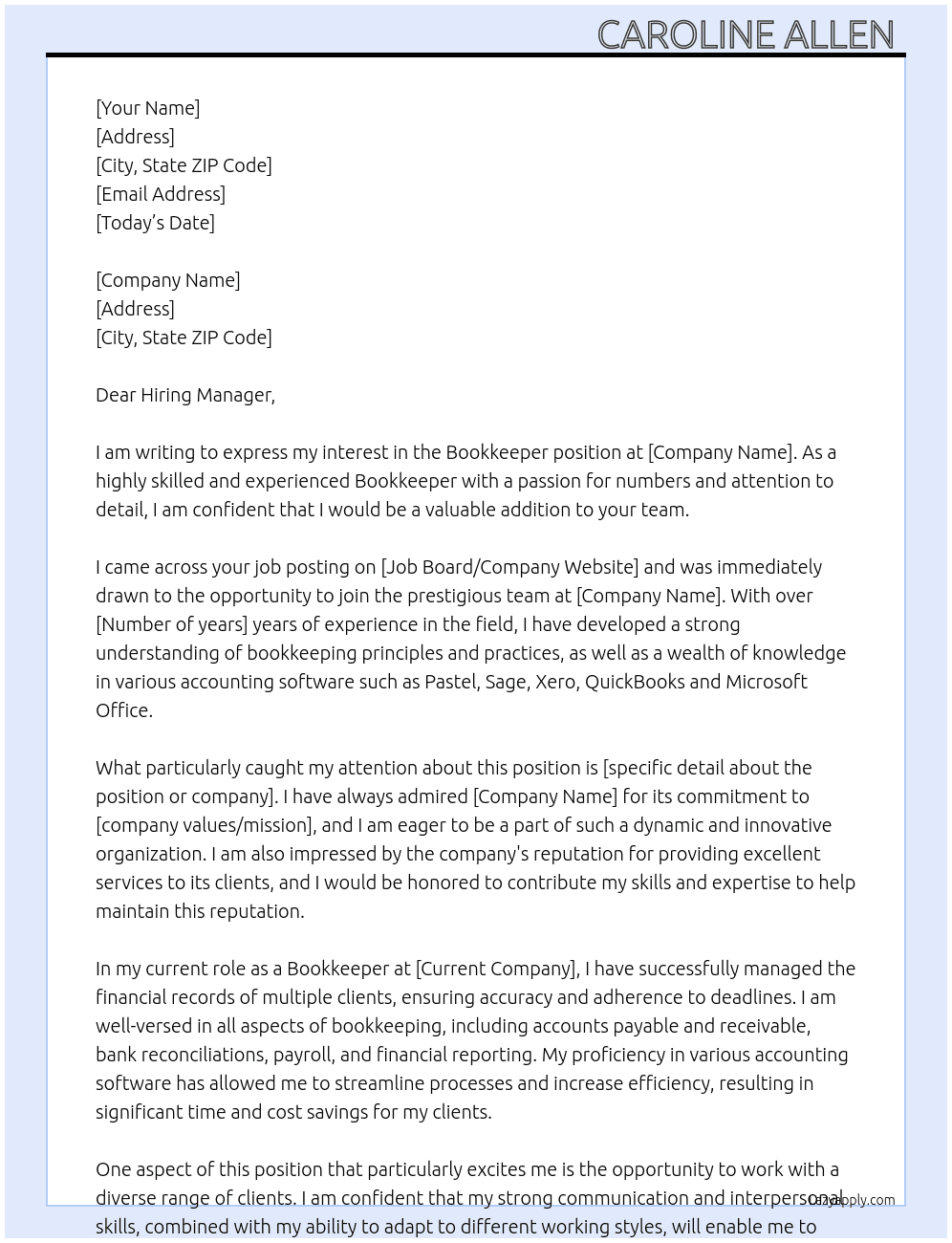 Bookkeeper  At Recruitment  Cover Letter