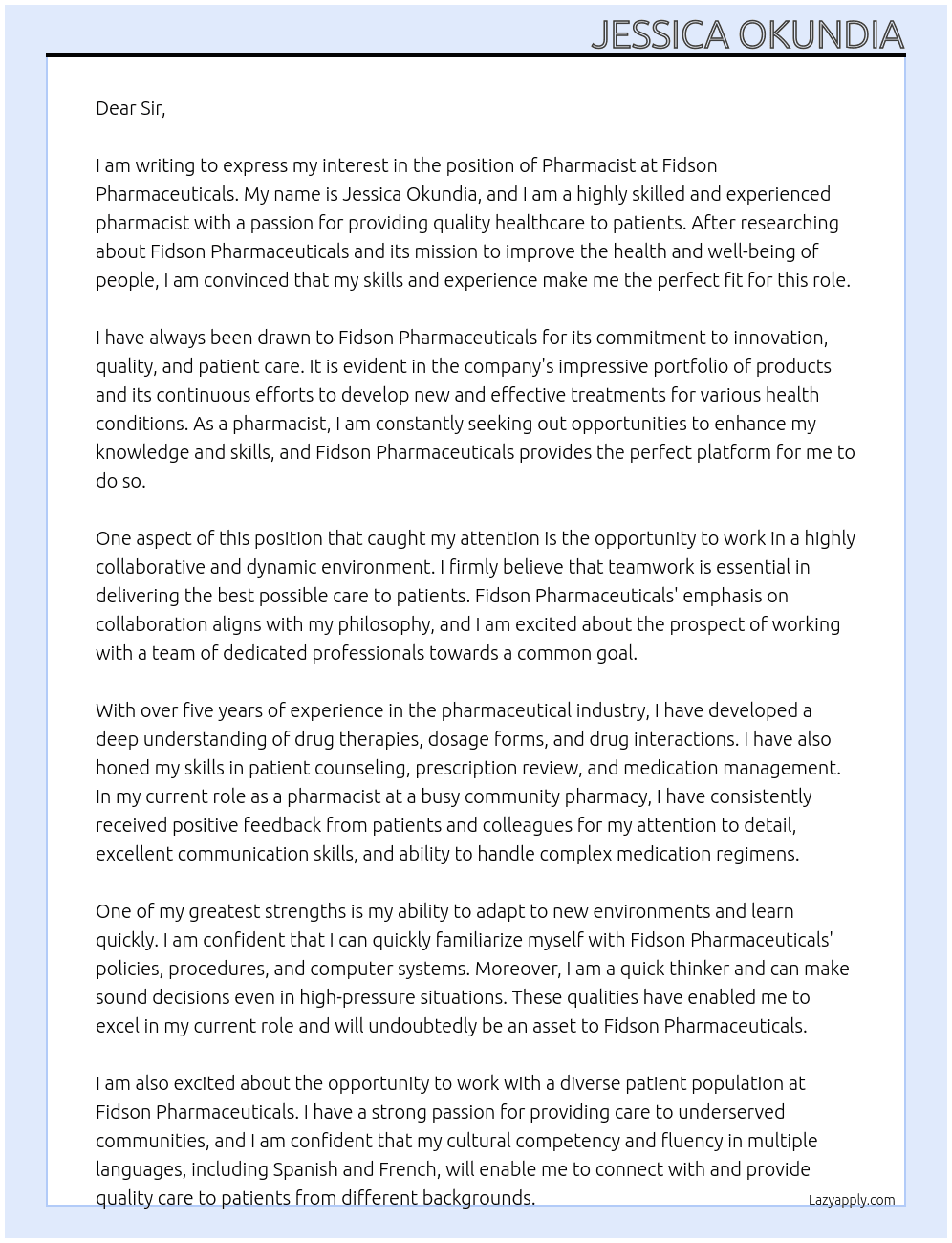 Pharmacist  At Fidson Pharmaceuticals   Cover Letter