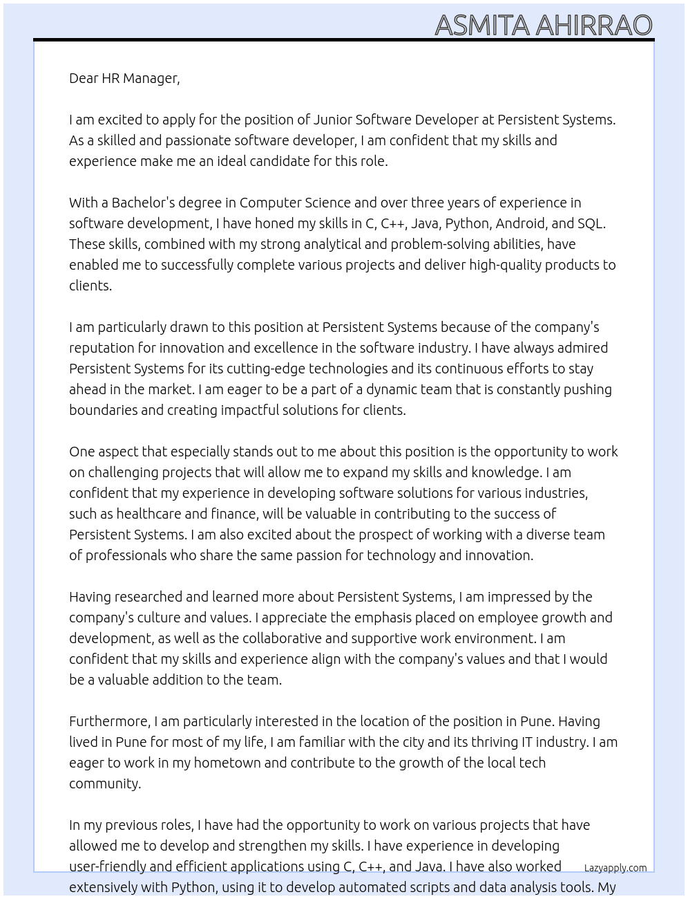 Junior Software Developer At Persistent Systems Cover Letter