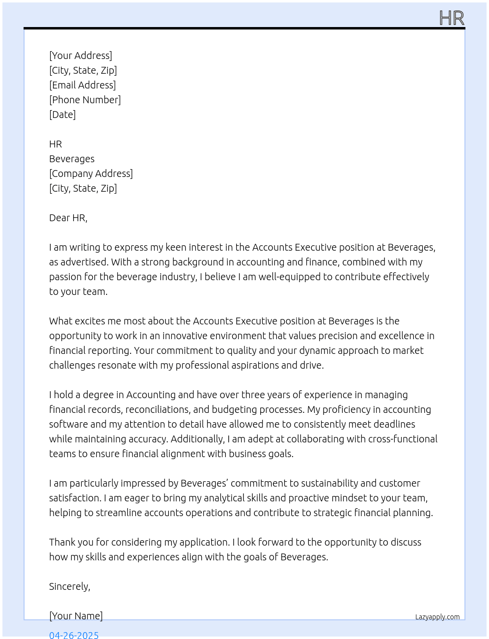 Accounts Executive At Beverages Cover Letter