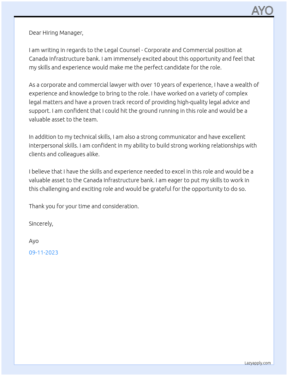 Legal Counsel - Corporate and Commercial At Canada Infrastructure bank Cover Letter