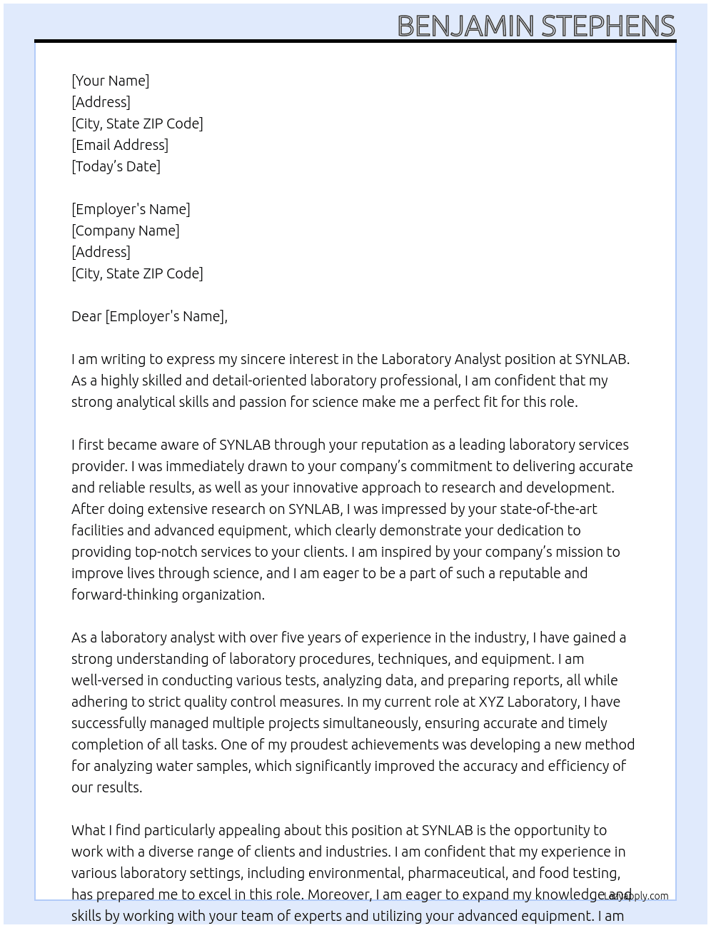 Laboratory Analyst At SYNLAB Cover Letter
