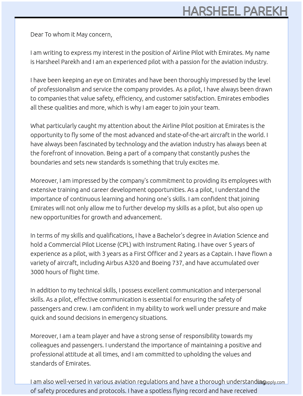 Airline pilot At Emirates Cover Letter