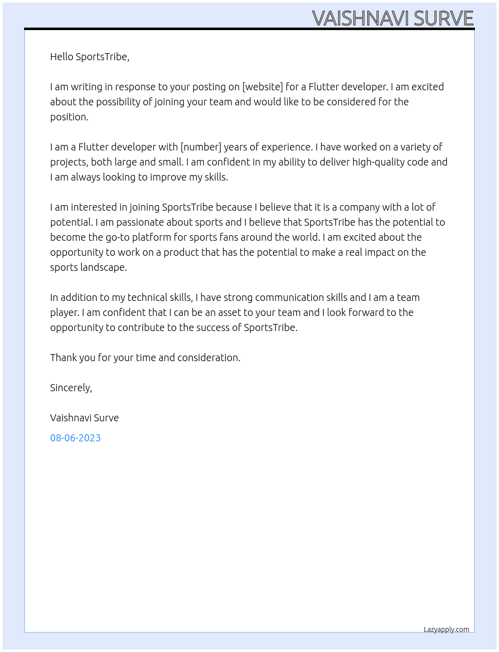 Flutter developer  At SportsTribe Cover Letter