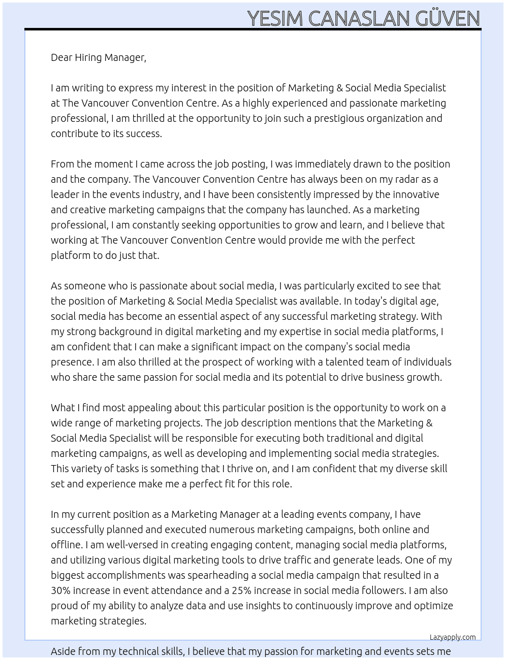 Marketing & Social Media Specialist At The Vancouver Convention Centre Cover Letter