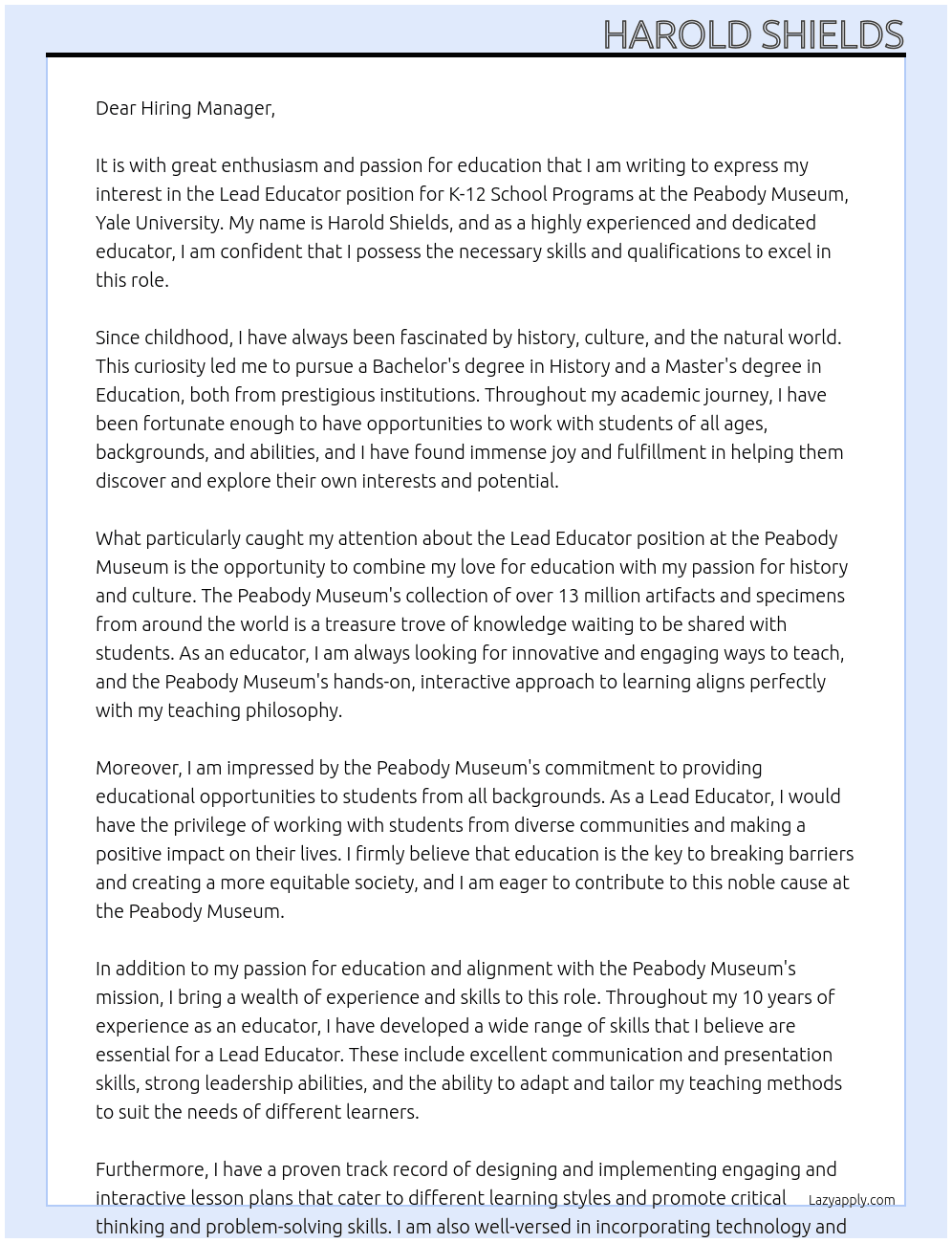 Lead Educator- K-12 School Programs At Peabody Museum, Yale University Cover Letter