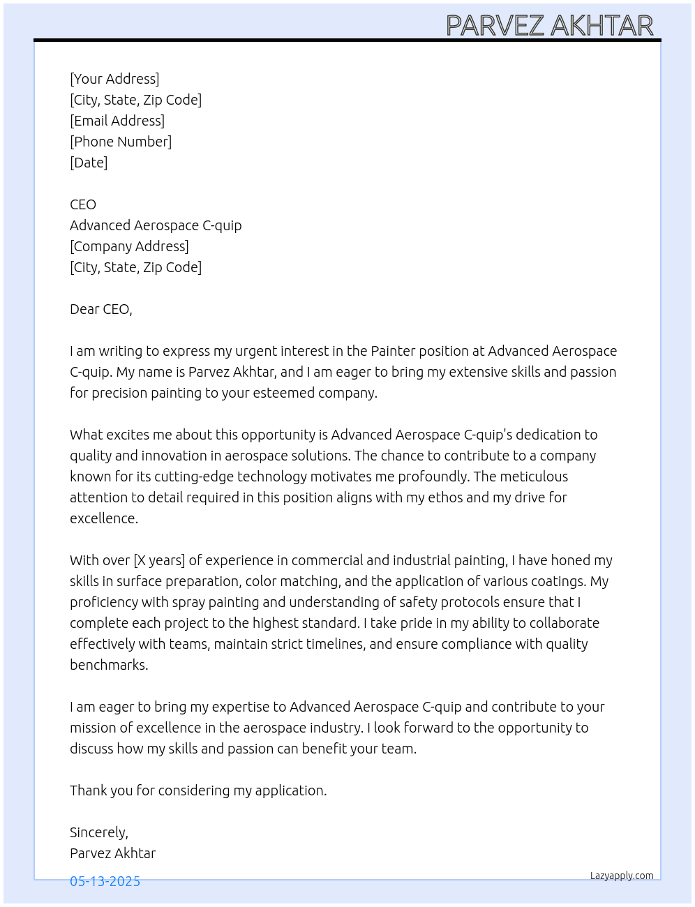 Painter  At Advanced Aerospace C-quip Cover Letter