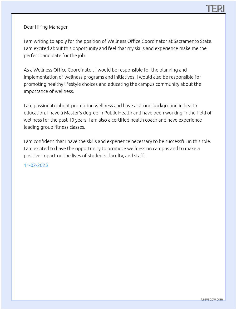 Wellness Office Coordinator At Sacramento State Cover Letter