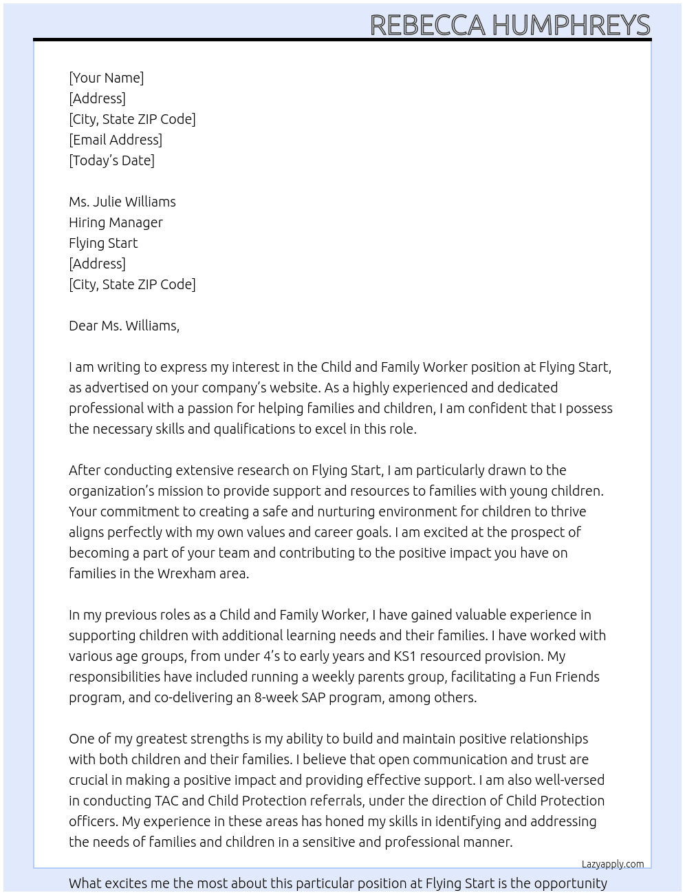 Child and Family Worker At Flying start Cover Letter