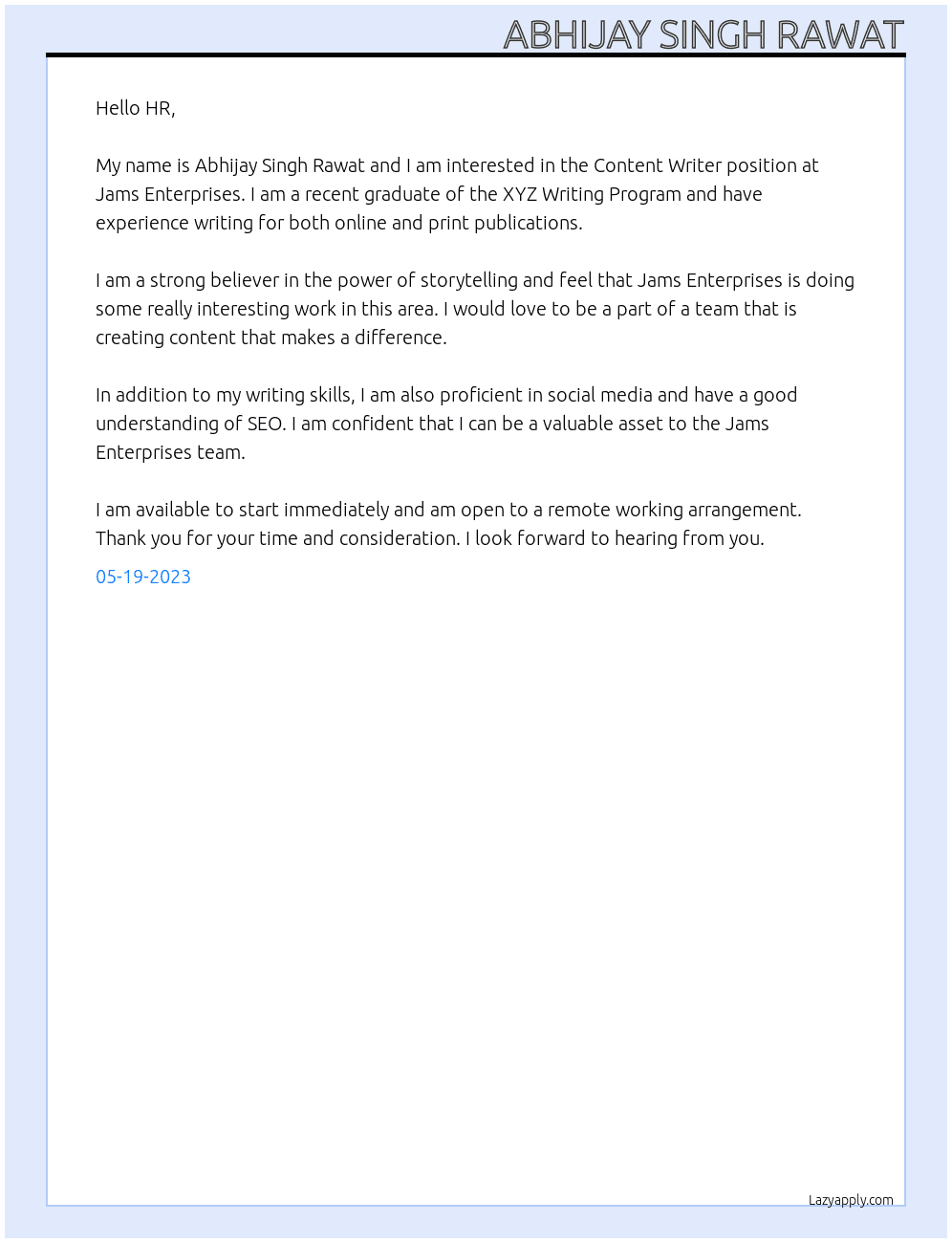 Content Writer At Jams Enterprises Cover Letter