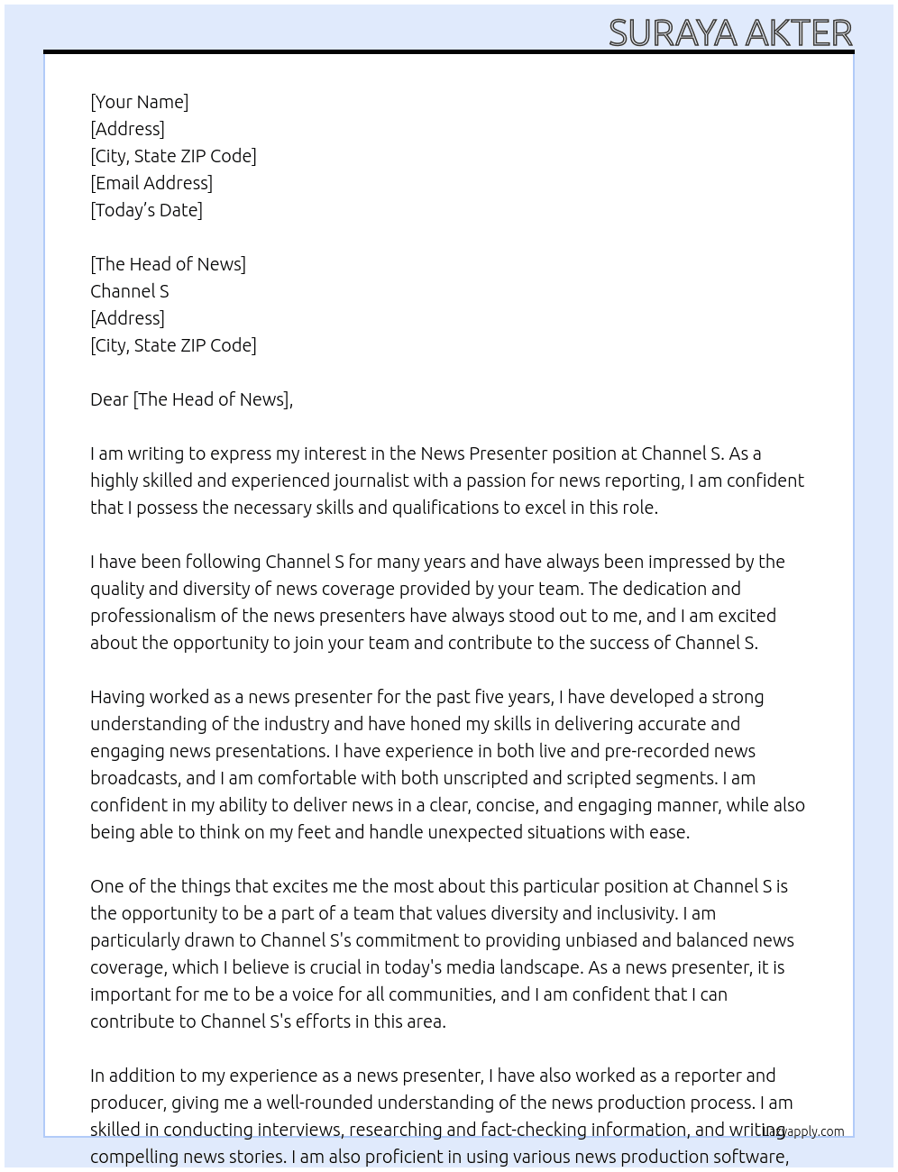 News Presenter At Channel S Cover Letter