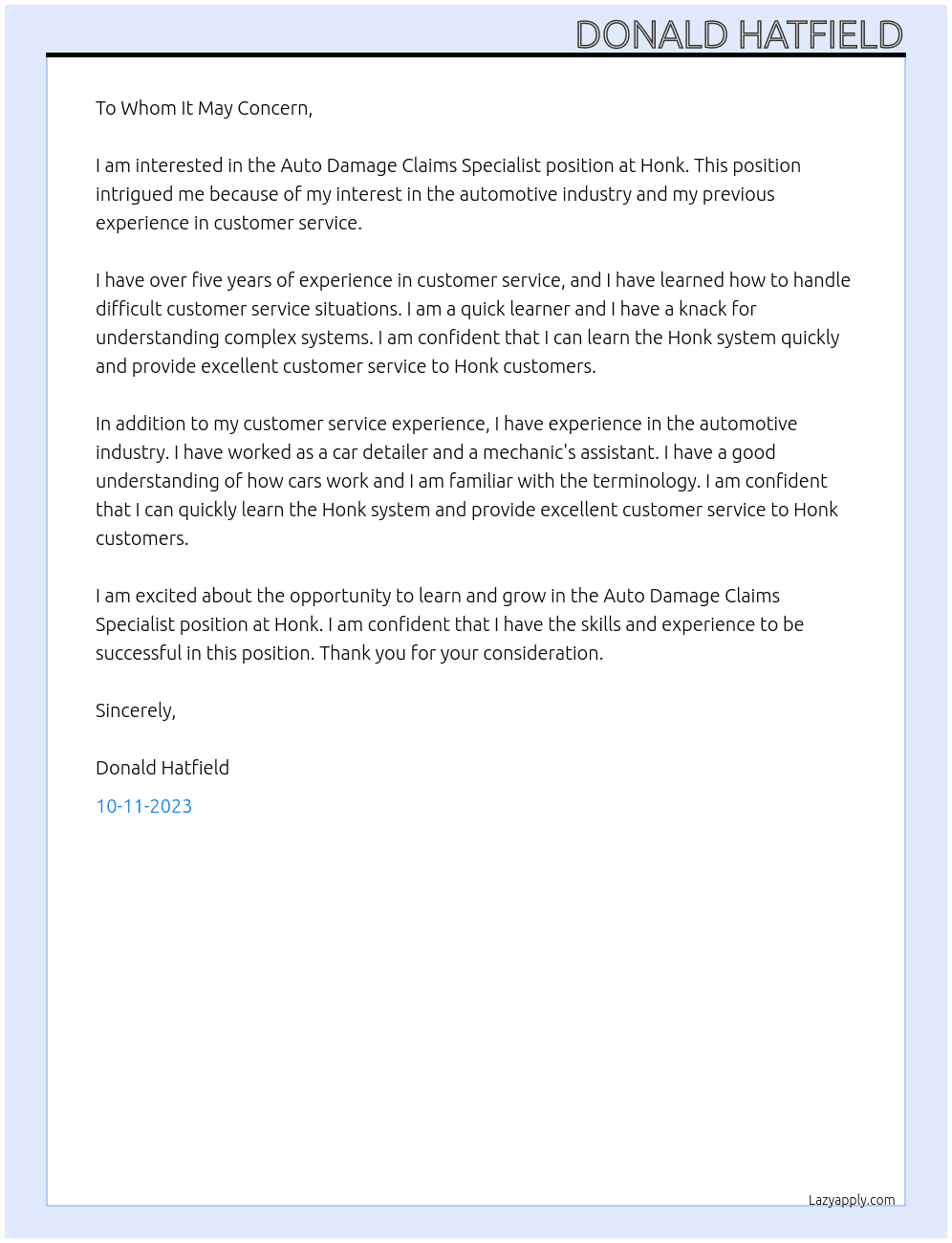Auto Damage Claims Specialist At Honk Cover Letter