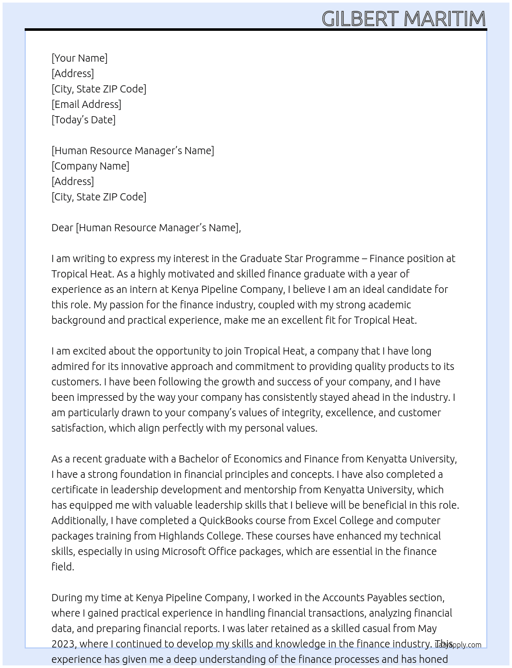 Graduate Star programme,Finance At Tropical heat Cover Letter
