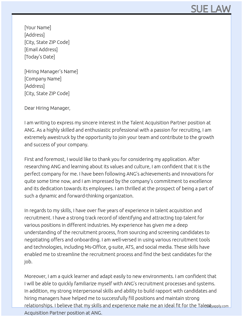 Talent acquisition partner  At ANG Cover Letter
