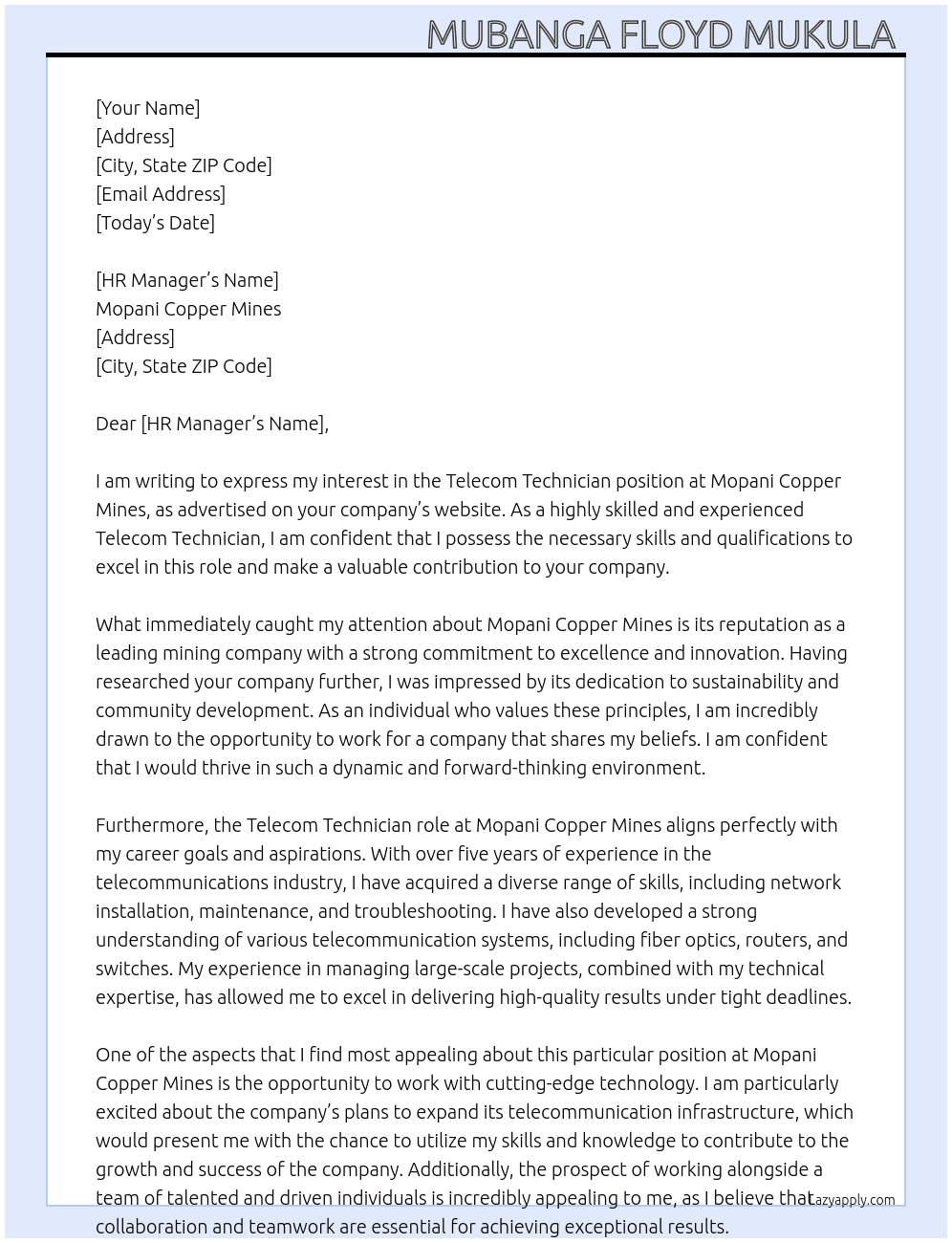 Telecom Technician  At Mopani copper mines  Cover Letter
