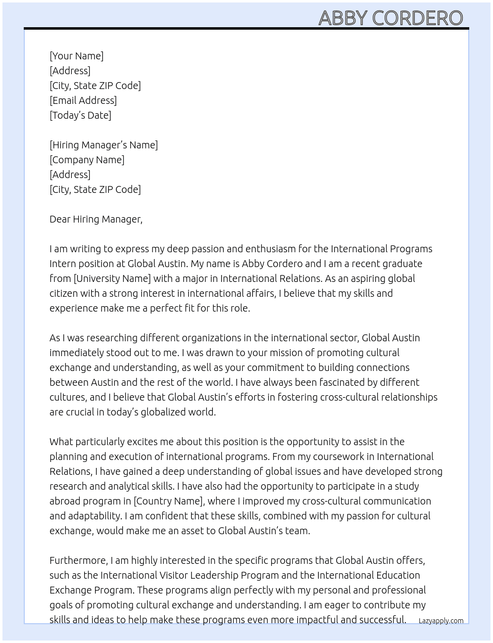 International Programs Intern  At Global Austin  Cover Letter