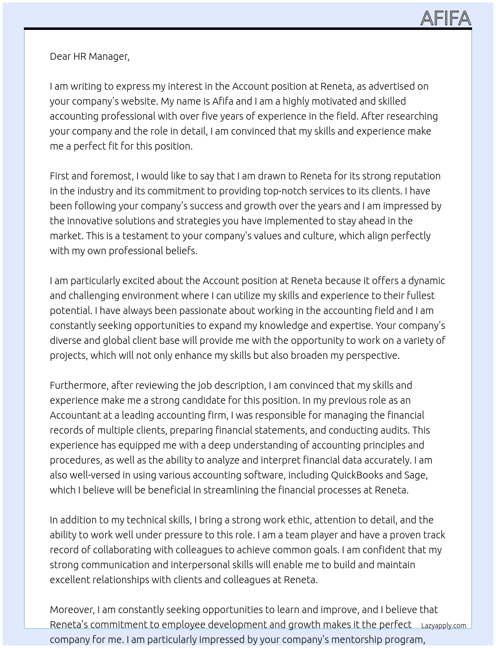 Account  At Reneta Cover Letter
