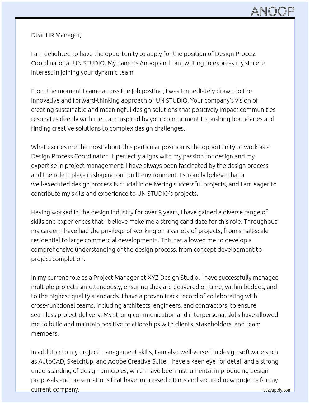 Design Process Coordinator At UN STUDIO Cover Letter