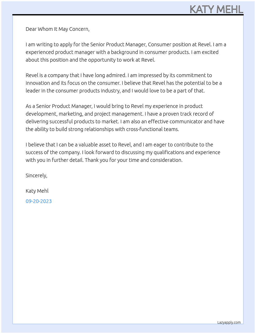 Senior Product Manager, Consumer At Revel Cover Letter