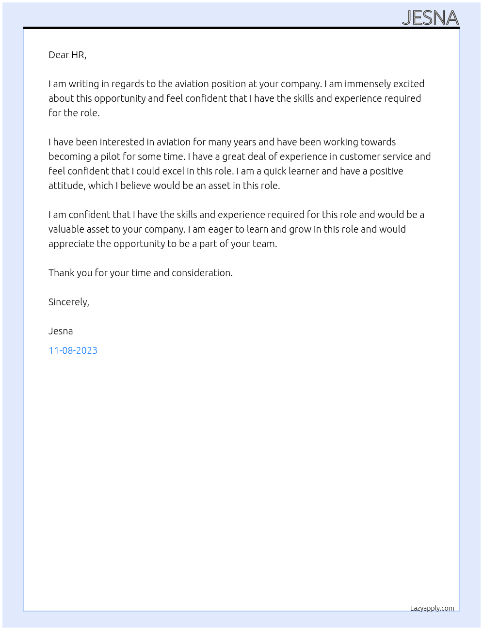 aviation At hotal Cover Letter