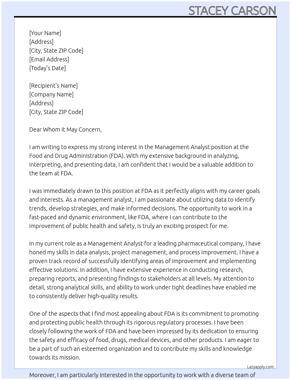 Management Analyst At FDA Cover Letter