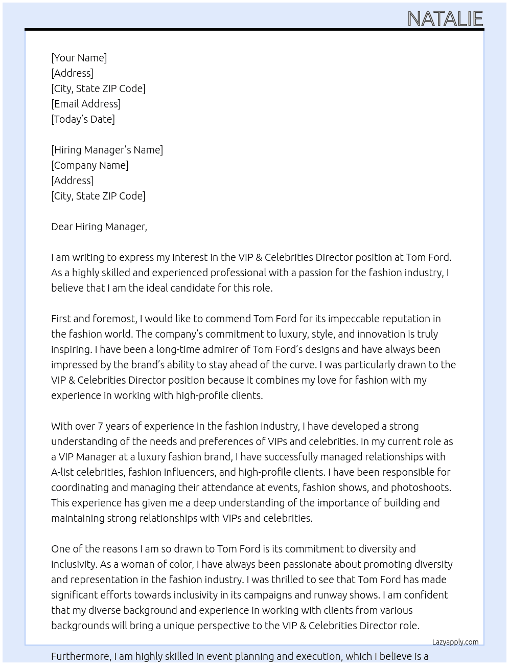 VIP & Celebrities Director At Tom Ford Cover Letter