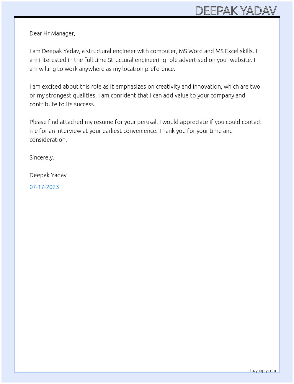 Structural engineer  At Structural engineering  Cover Letter