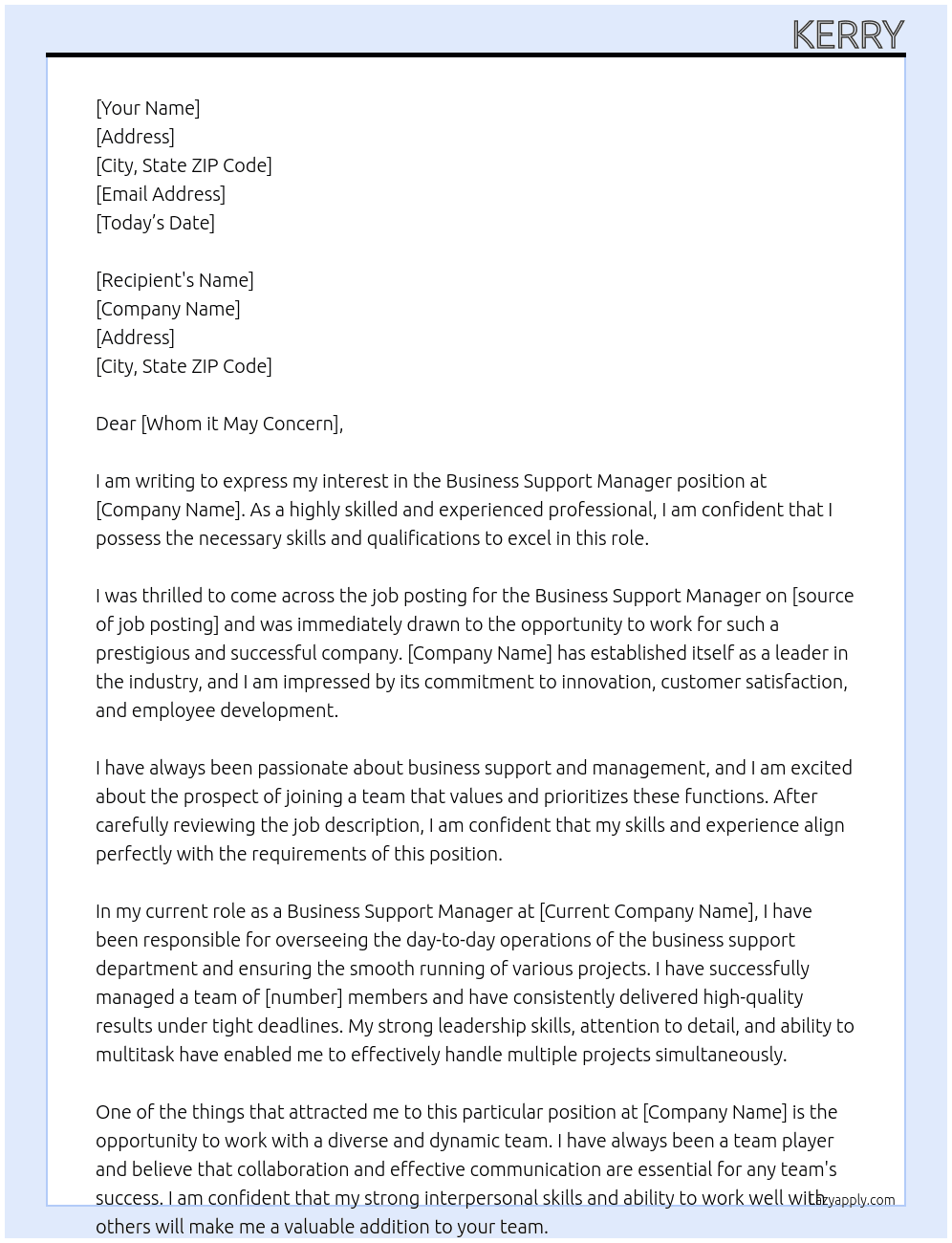 Business support manager At N/A Cover Letter