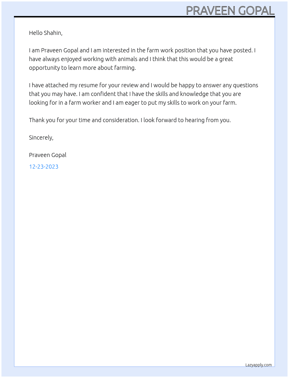 Farm work At Farm work company Cover Letter