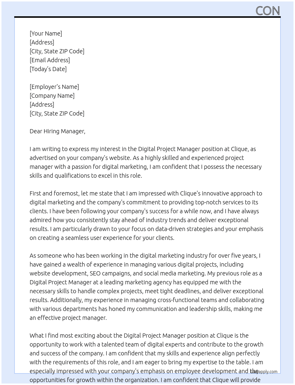 Digital Project Manager At Clique Cover Letter