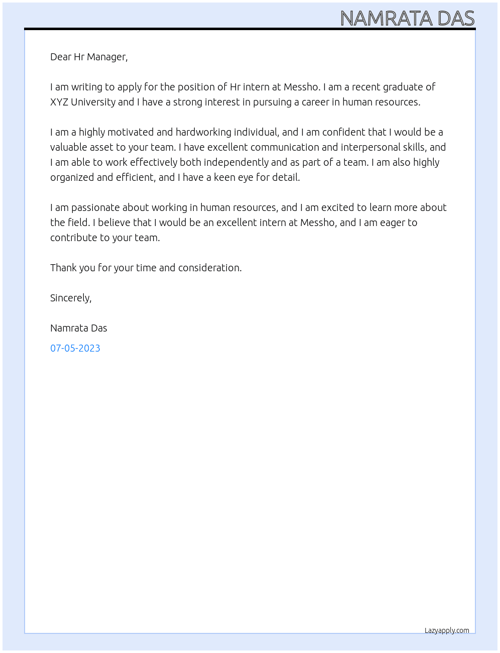 Hr intern At Messho Cover Letter