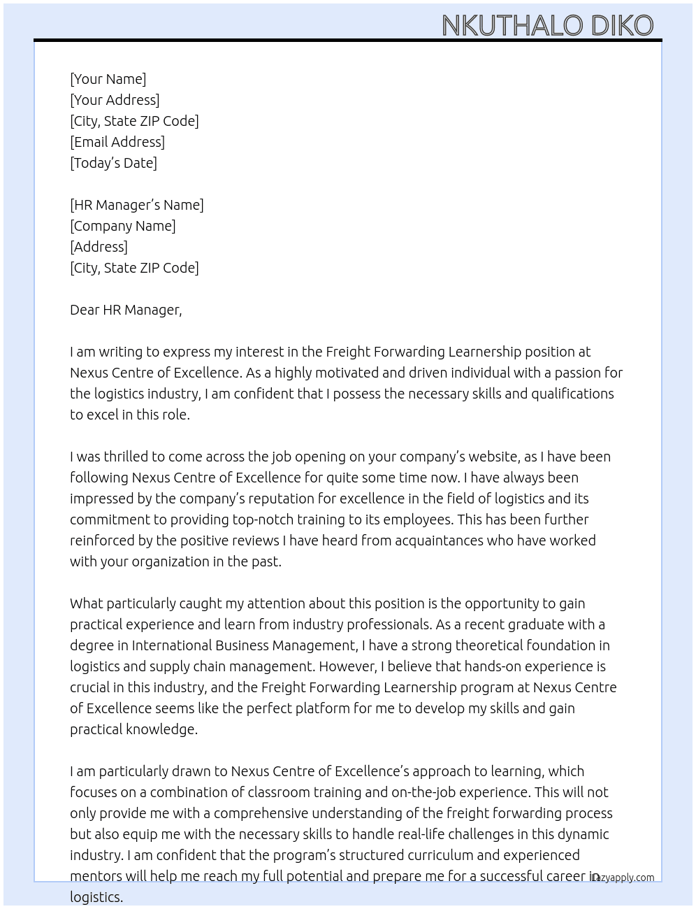 Freight Forwarding Learnership At Nexus Centre of Excellence  Cover Letter