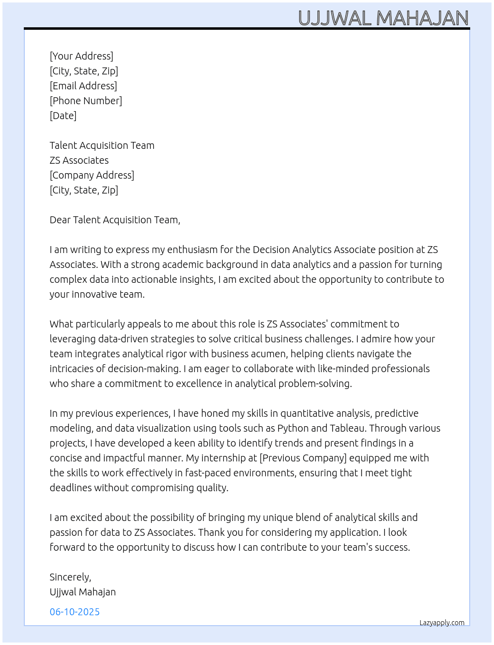 Decision Analytics Associate At ZS Associates Cover Letter