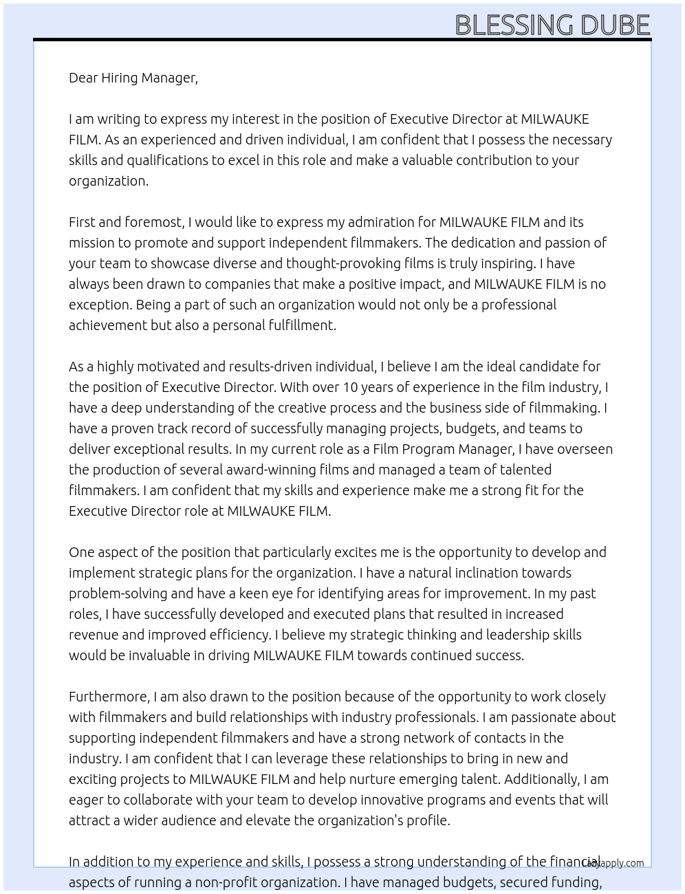 Executive Director  At MILWAUKE FILM Cover Letter