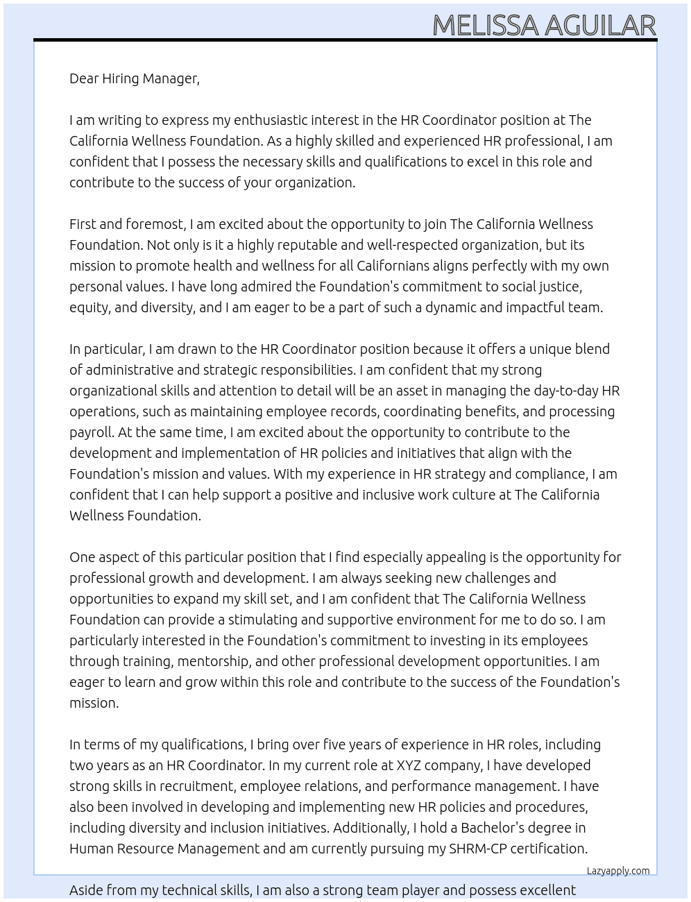 Hr coordinator  At The California Wellness Foundation  Cover Letter