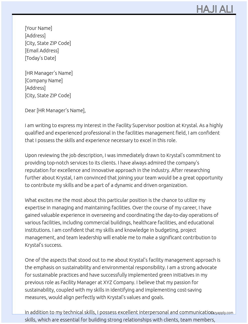 Facility supervisor  At Krystal  Cover Letter