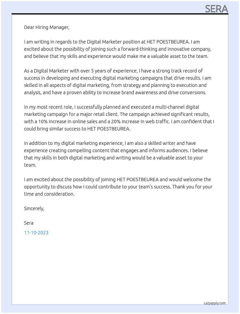 DIGITAL MARKETER At HET POESTBEUREA Cover Letter