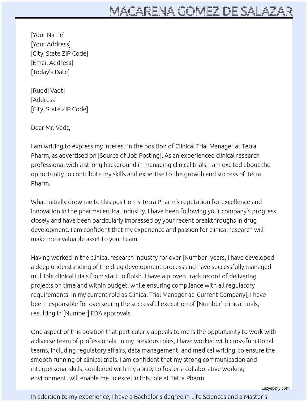 Clinical Trial Manager At Tetra Pharm Cover Letter