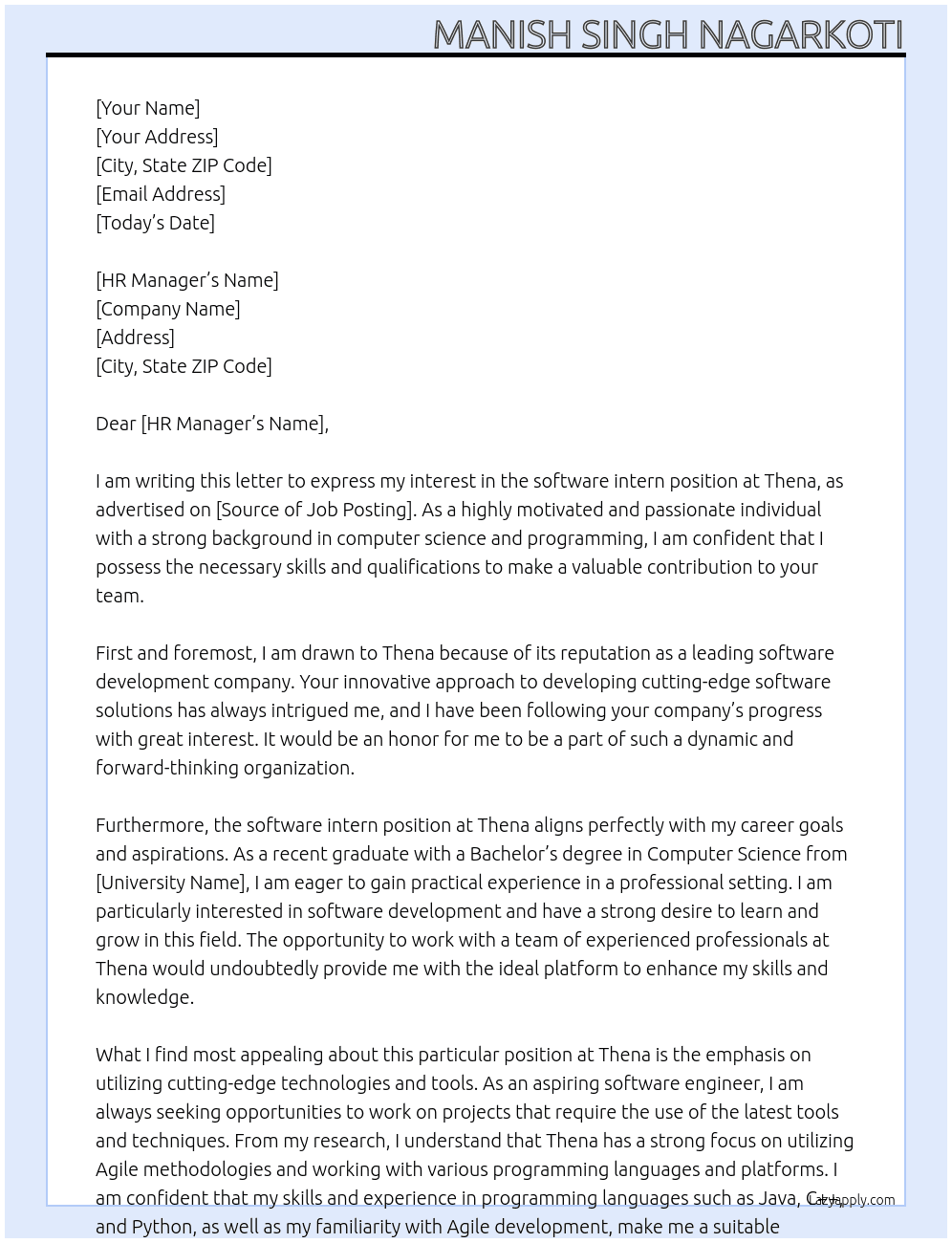 software intern At Thena Cover Letter