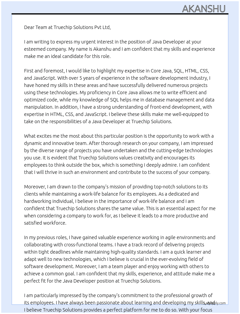 Cover letter for java devjava developer - LazyApply