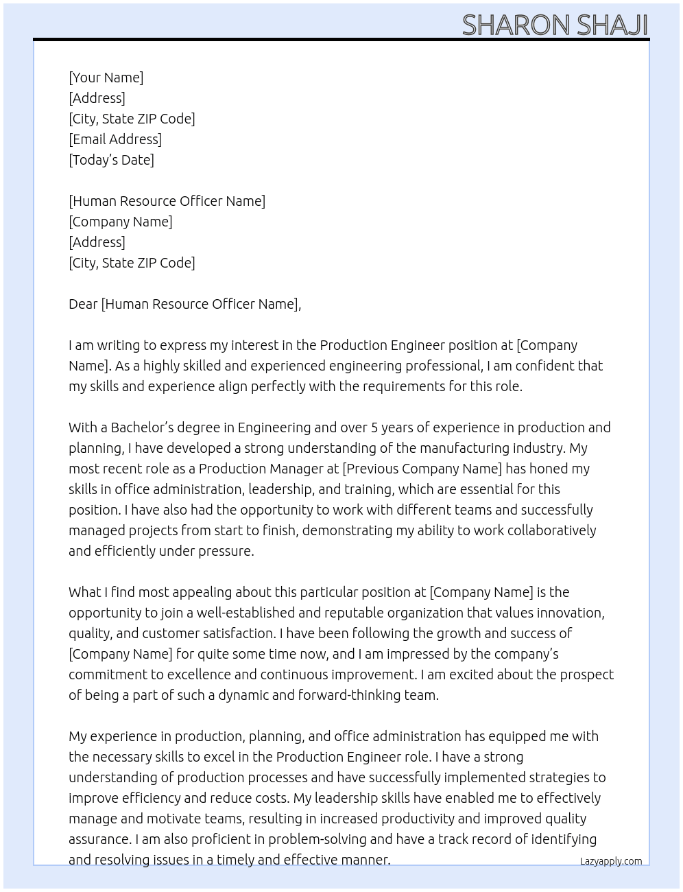 Production Engineer At WESTERN RUBBERS PRIVATE LIMITED Cover Letter