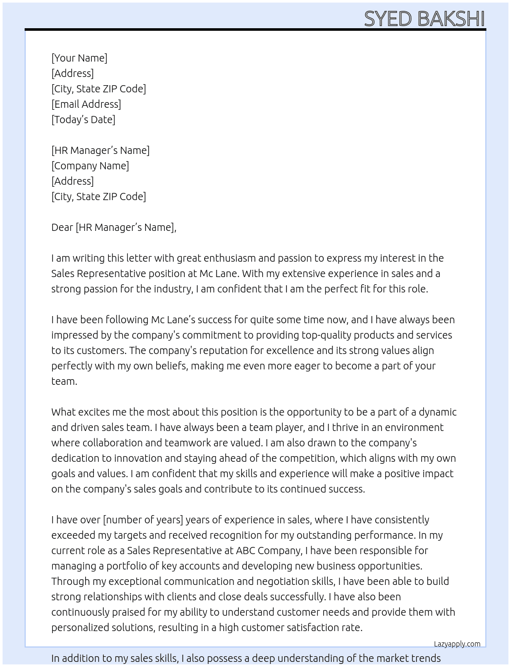 Sales representative At Mc lane Cover Letter