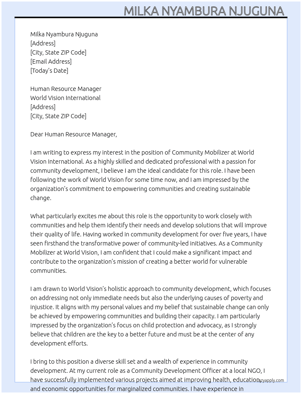 Community Mobilizer At World Vision International Cover Letter